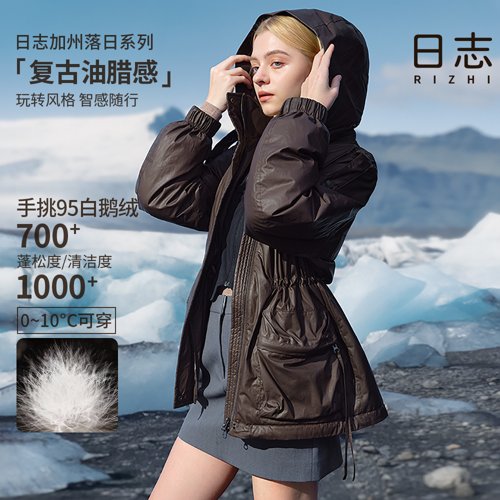 日志【加州落日系列】白鹅绒油蜡皮轻奢保暖连帽羽绒鹅绒服AD53Y604