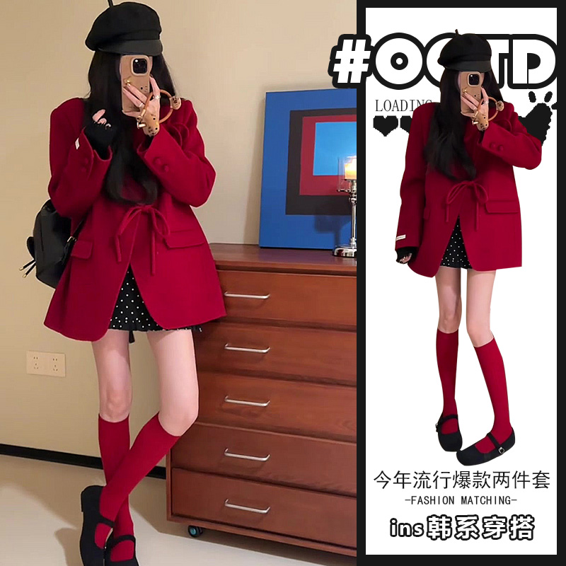 高级感小洋装套装女港味气质宽松新年红毛呢西装外套+高腰包臀裙
