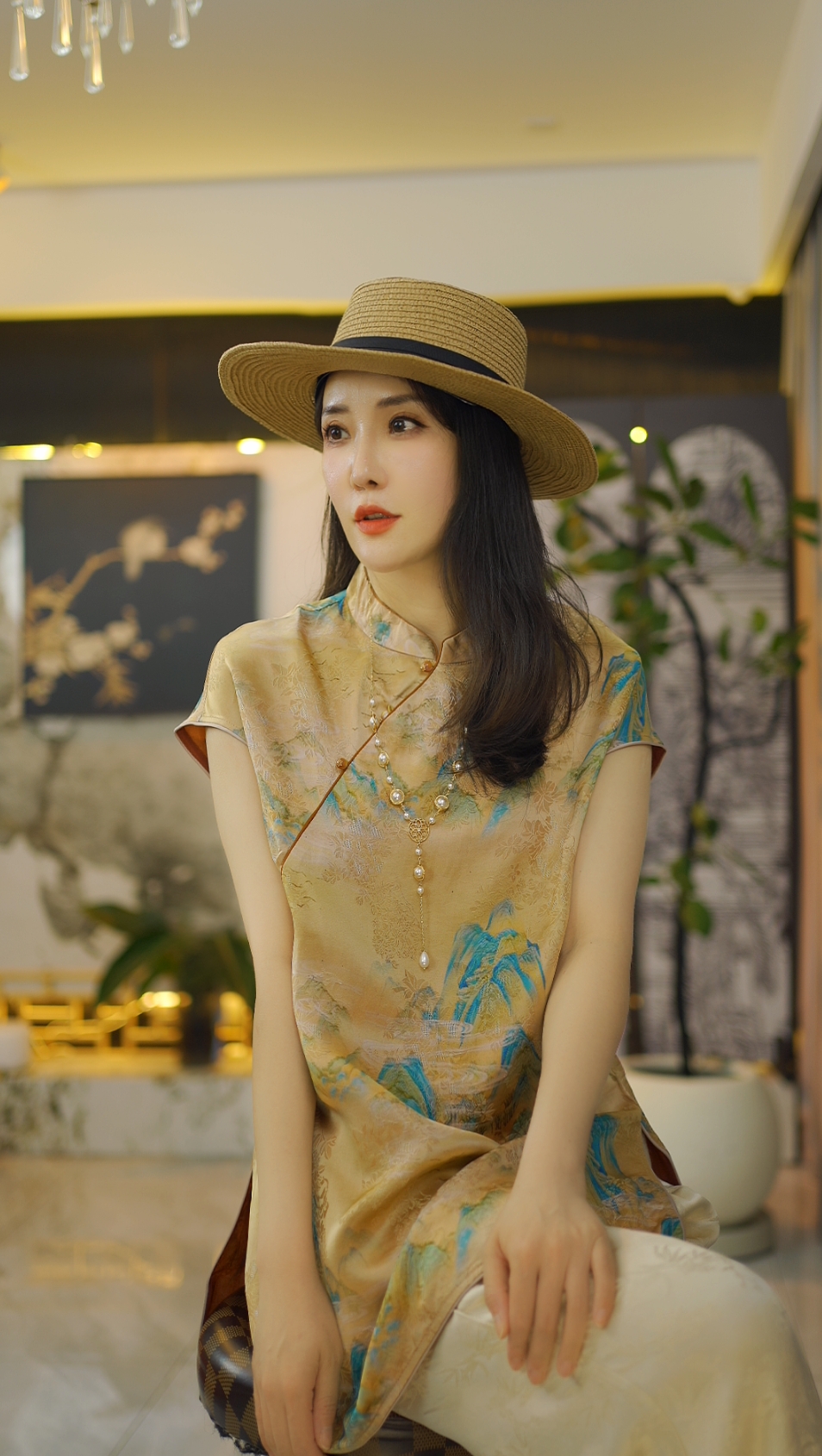 （千里江山）国风连衣裙短袖老钱风复古提花上衣