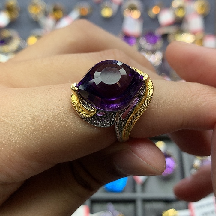 银S925镀金镶嵌戒指水晶