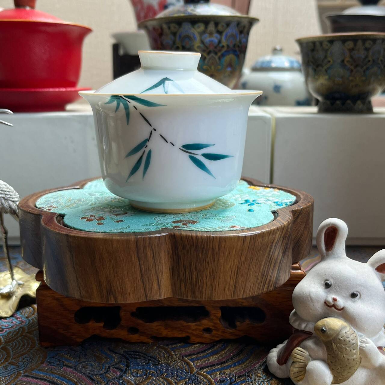 陶瓷手绘可悬停盖碗白瓷家用青竹三才茶碗功夫茶具草木灰轻奢14号