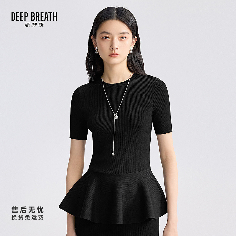 DEEP BREATH深呼吸女装新款圆领荷叶边优雅套头短袖针织衫A301780
