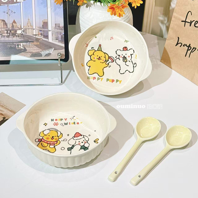【可爱小狗4件套】两双耳碗两勺家用饭碗创意釉下彩陶瓷