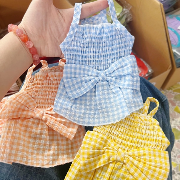 宠物夏季格子吊带裙子 蝴蝶结小清新狗衣服猫咪透气背心裙