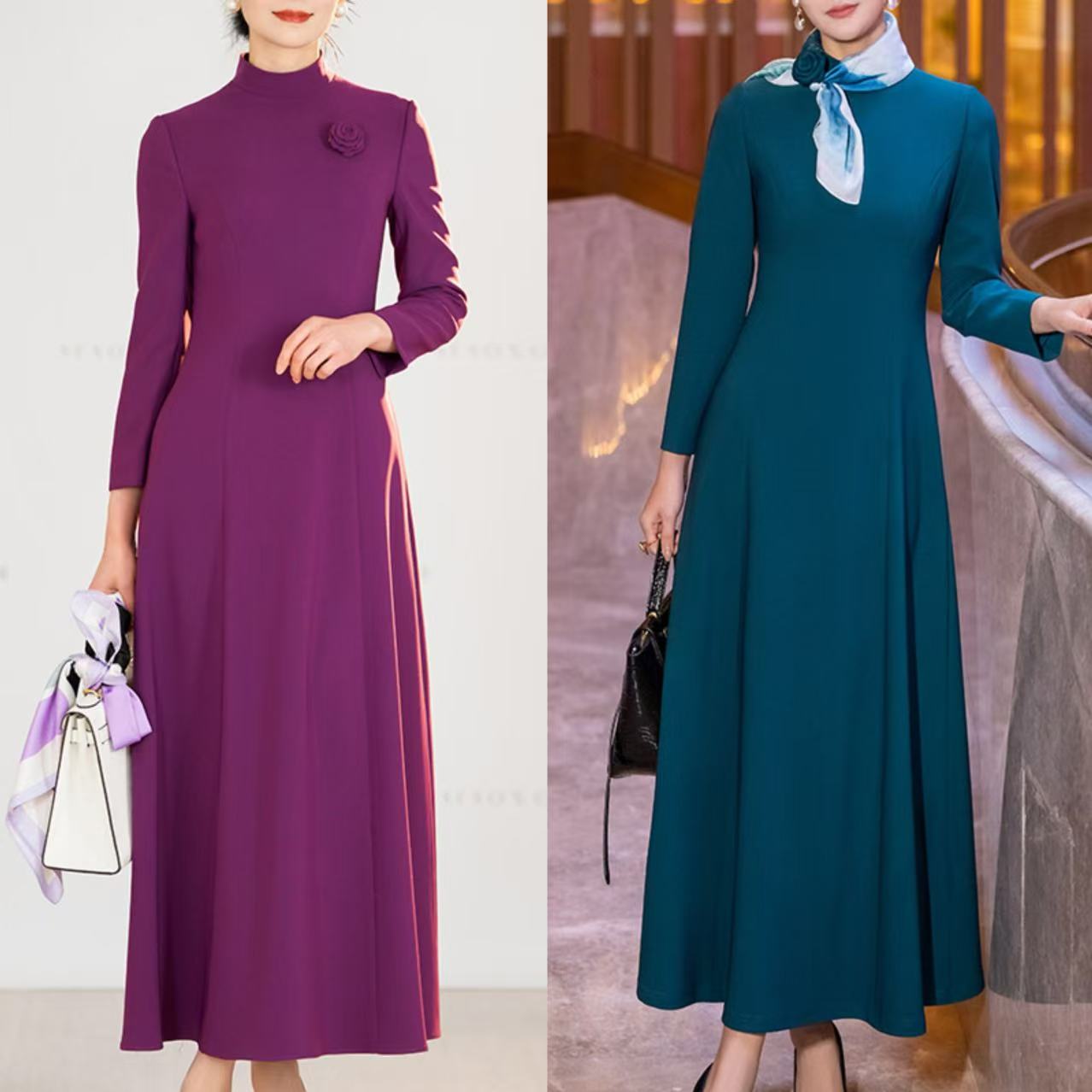 云梦泽--春秋新品梭织湖蓝微弹收腰大摆连衣裙