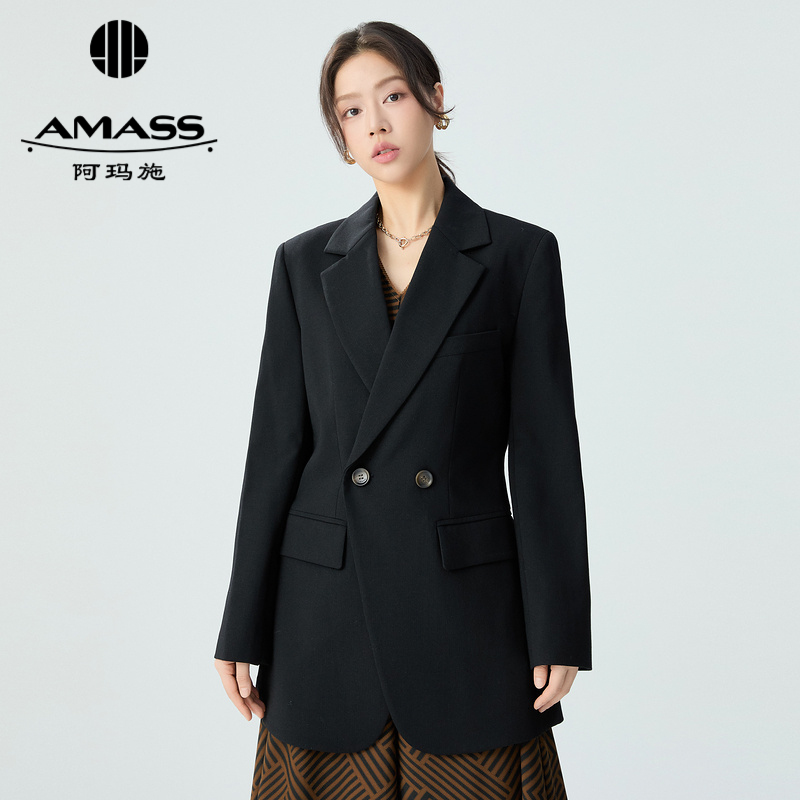 阿玛施AMASS 通勤质感品味翻领双扣收腰垫肩西服外套5400903