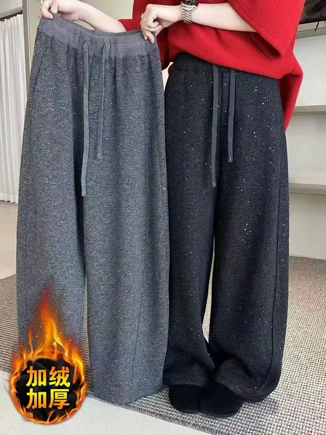 专柜热卖秋冬款韩版抽绳松紧腰百搭宽松呢料弯刀裤女防风束脚长裤