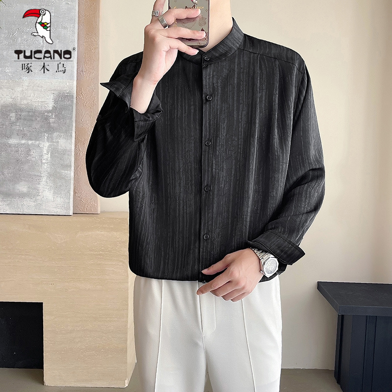 啄木鸟休闲宽松条纹港风男爆款~秋季长袖缎面抓花烫金工艺垂感立