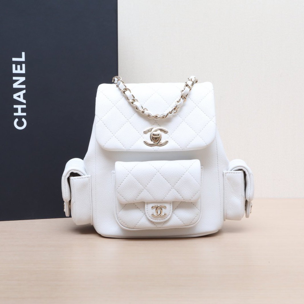 99新 Chanel/香奈儿 小花6花  Duma 坦克双肩包 小号 白色芯片开 