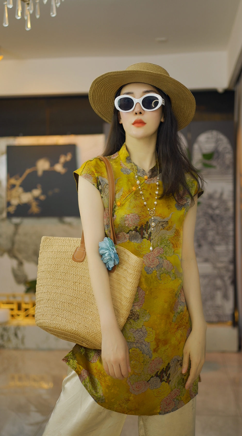 （金尊玉贵）国风连衣裙短袖老钱风复古提花上衣新中式