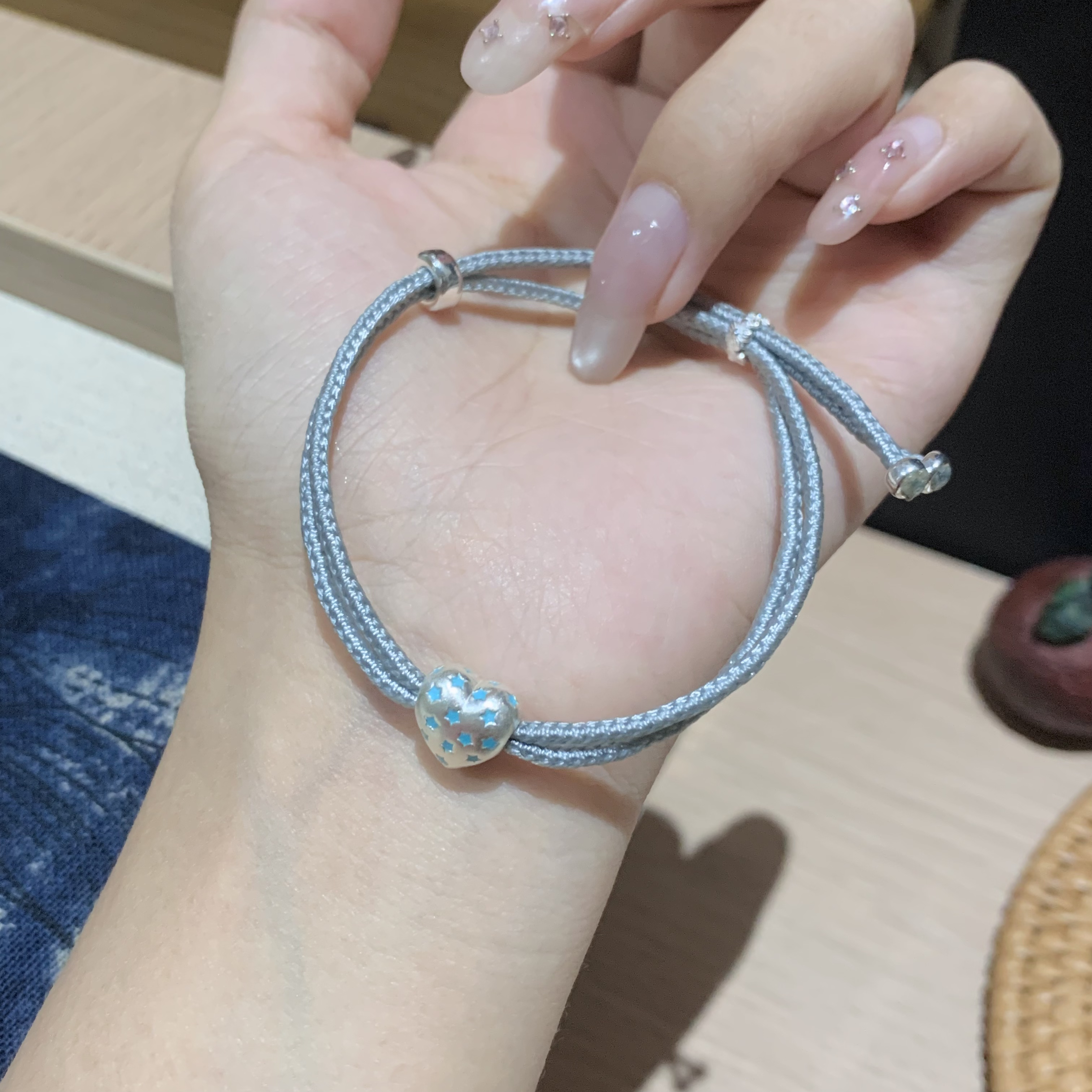 足银锦纶手链 足银珐琅彩爱心手绳ins风可调节日常干净百搭简约