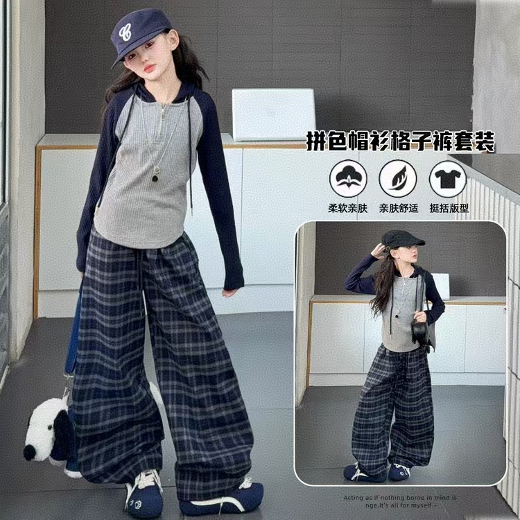 女童连帽针织衫格子裤套装2025洋气新款时髦显瘦中大童时尚两件套