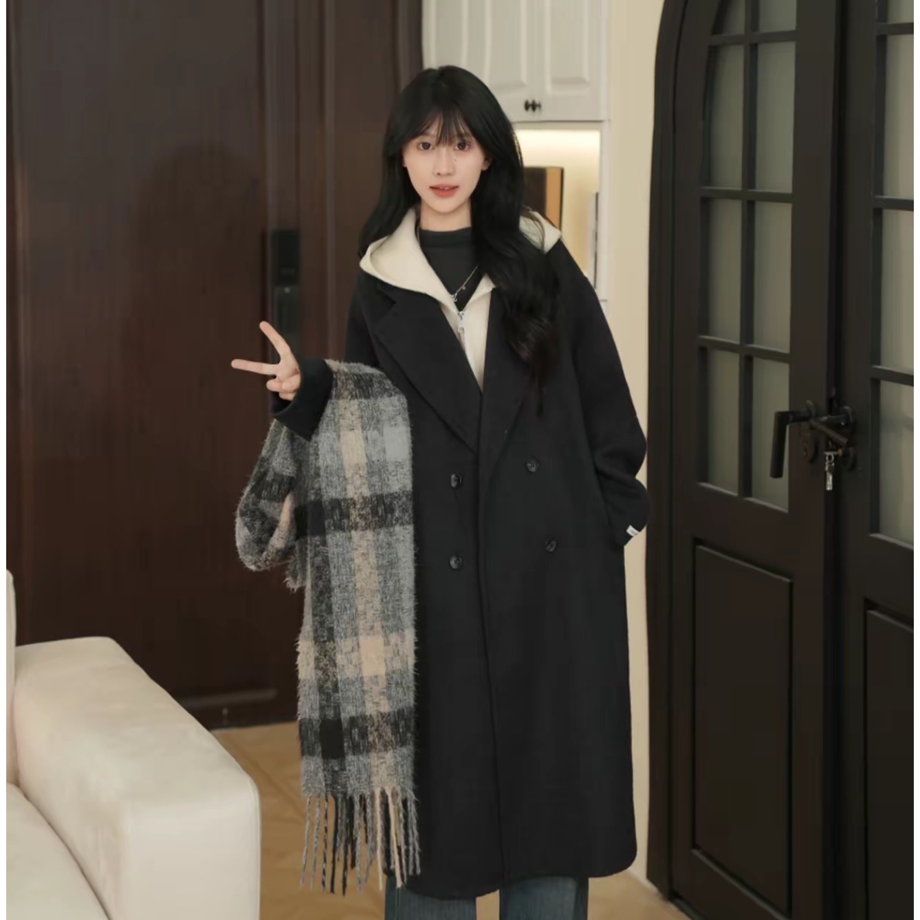 羊毛大衣韩系假两件高贵气质百搭长款宽松女装秋冬加棉新款8079