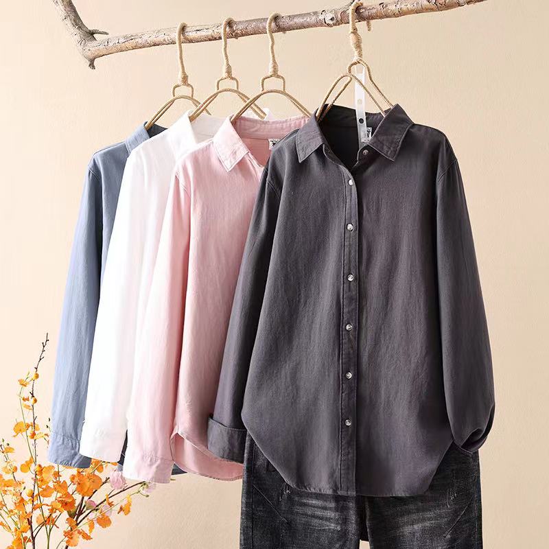 新款春季长袖休闲百搭衬衫大码宽松显瘦上衣文艺磨毛衬衣女342