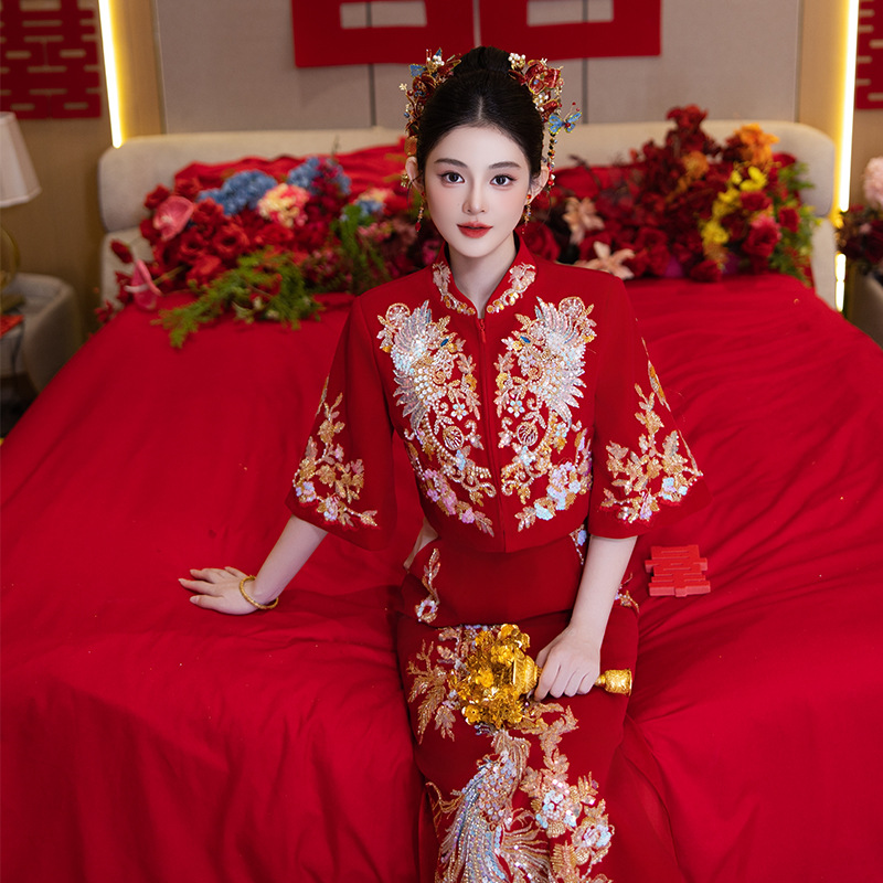 【】秋季新款订婚旗袍新娘嫁衣结婚礼服新中式红色领证套装