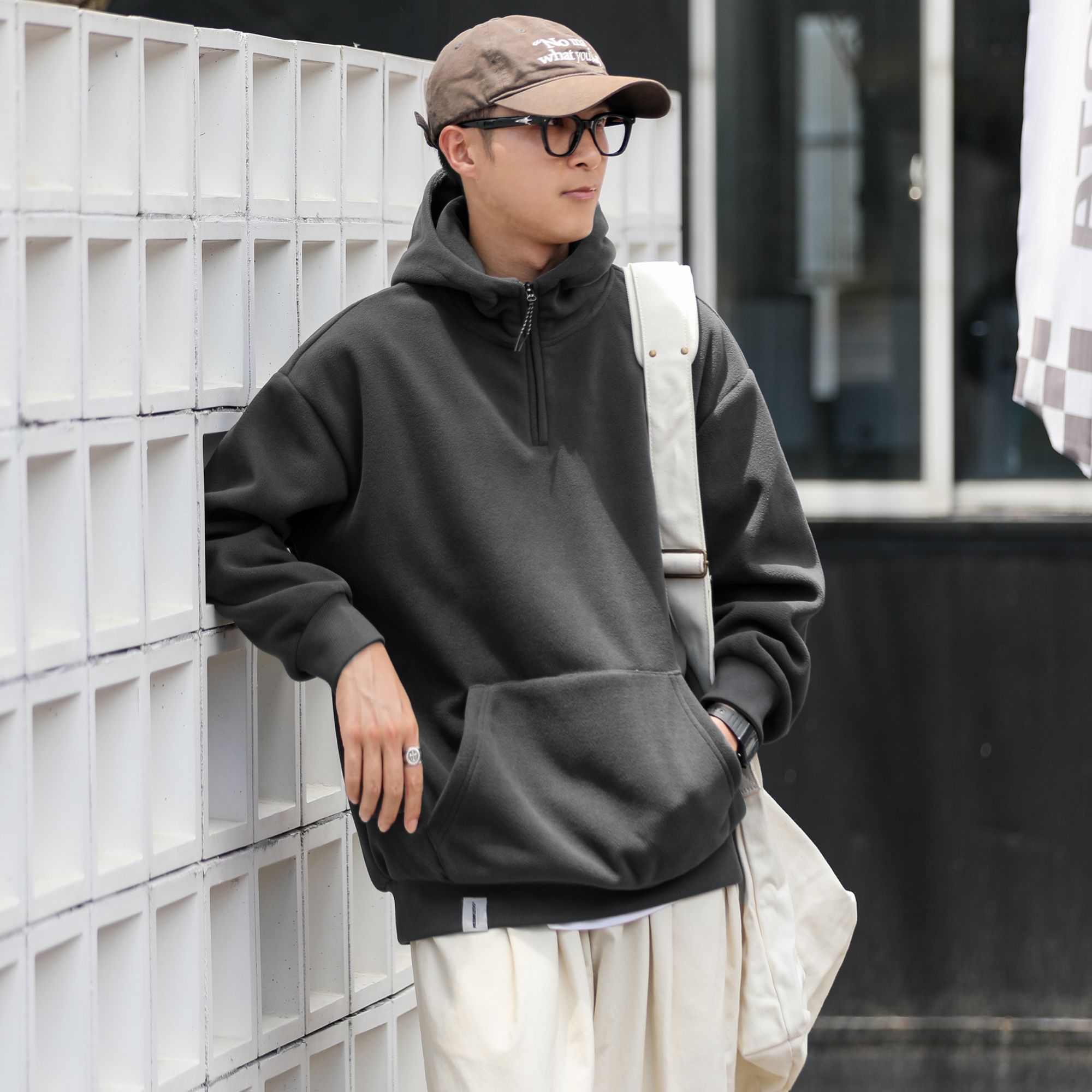 美式复古套头连帽卫衣男款半拉链舒适百搭休闲宽松上衣潮