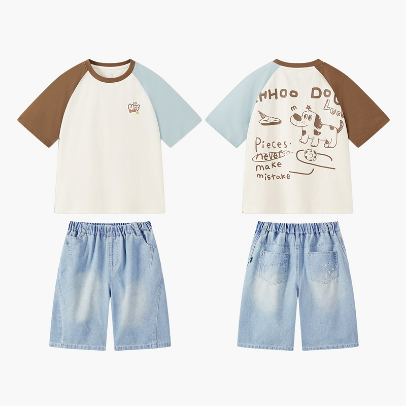 MQD童装25夏季新品学院风撞色插肩袖上衣字母亲肤T恤套装TCW0324P