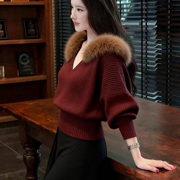 毛领毛衣2025新款秋冬轻熟风V领针织衫女时尚高级感