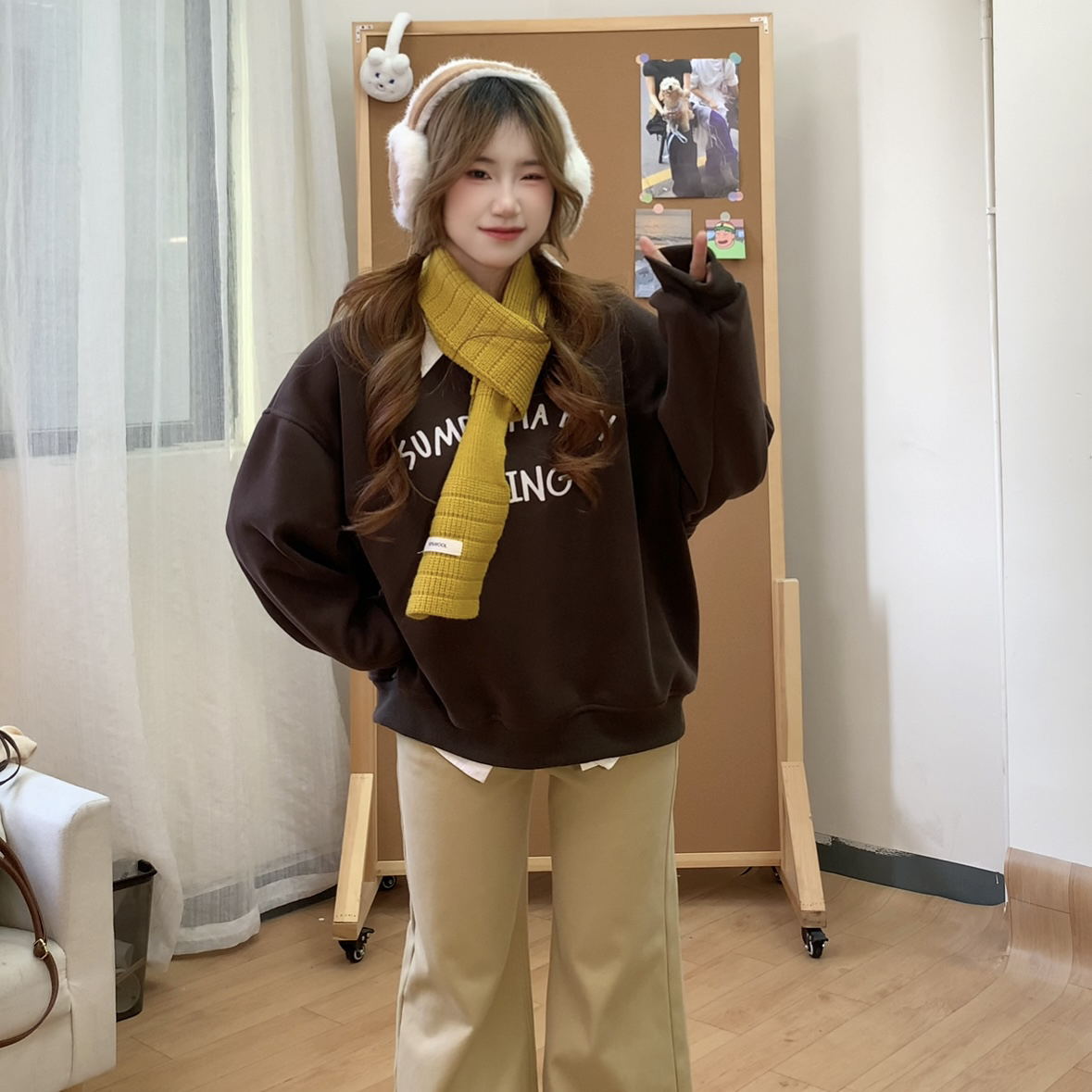 【小黄梨】小个子圆领宽松慵懒风加厚加绒卫衣+围脖两件套