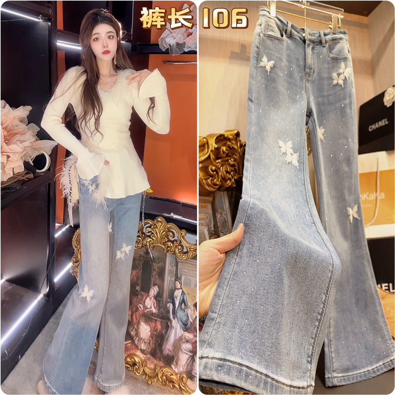 【雪岛梦境】63916立体蝴蝶烫钻加绒喇叭裤牛仔裤大码胖MM