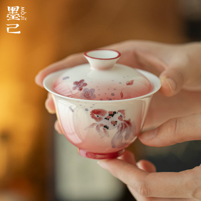 墨己手绘兰寿鱼陶瓷家用盖碗功夫茶具文人器主泡茶碗防烫薄胎盖碗
