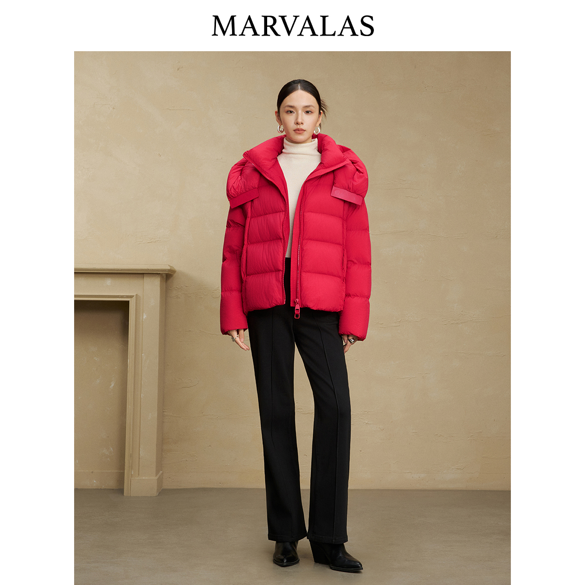 曼德诗女款冬季新款双拉链廓形保暖外套时尚气质面包服