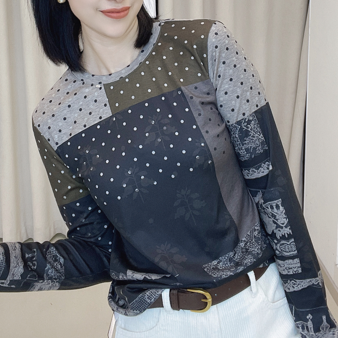 秋冬款圆领拼色小衫