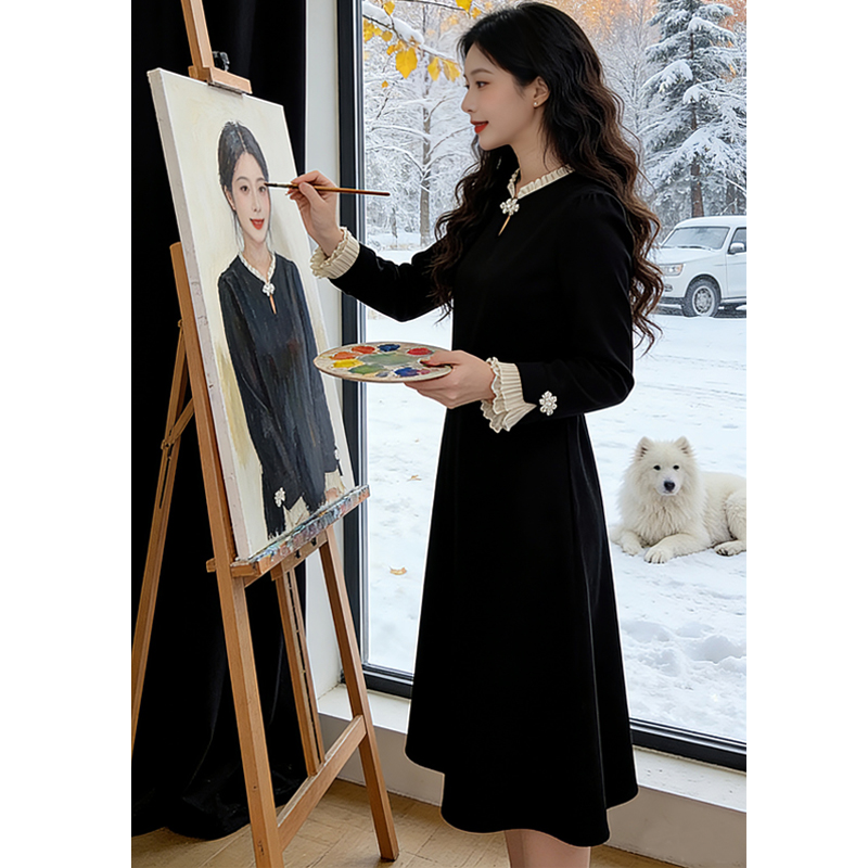 【墨墨家】冬装新中式名媛气质连衣裙花边拼接遮肚配大衣打底裙8433