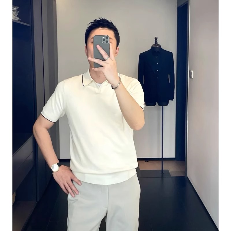 成熟稳重男装轻奢V领短袖Polo衫男款夏季薄款高端商务休闲有领T恤