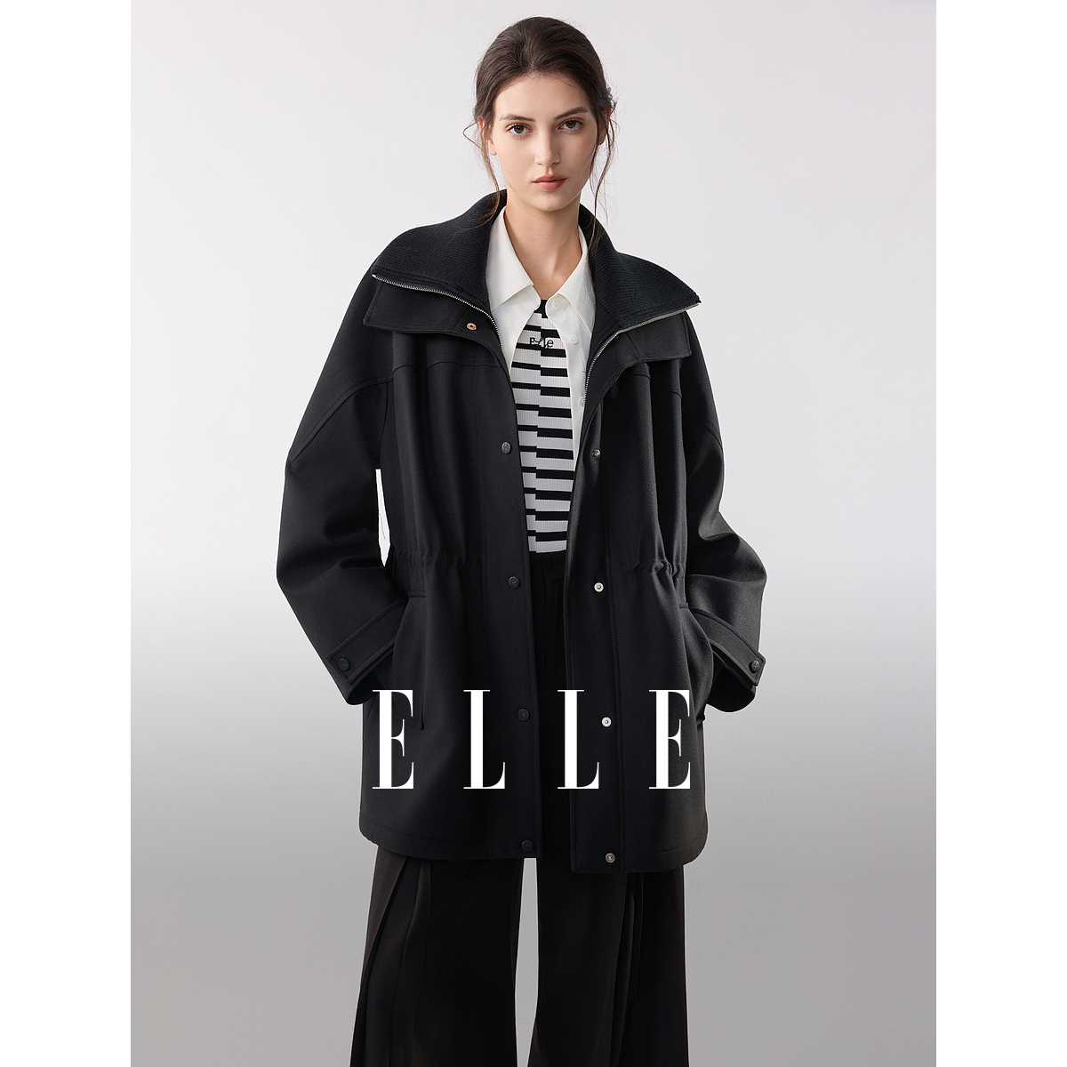 ELLE女装摩登双层派克服2025冬季新款保暖羊羔毛短外套EF53047