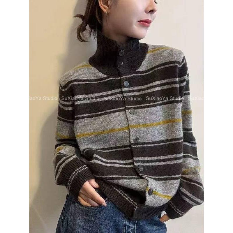 【软糯复古条纹撞色】羊毛针织开衫秋冬季时尚立领排扣宽松软糯毛