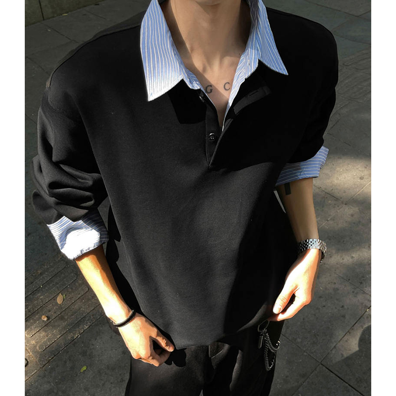 美式假两件衬衫领卫衣男款春秋撞色拼接长袖polo衫痞帅青少年外套