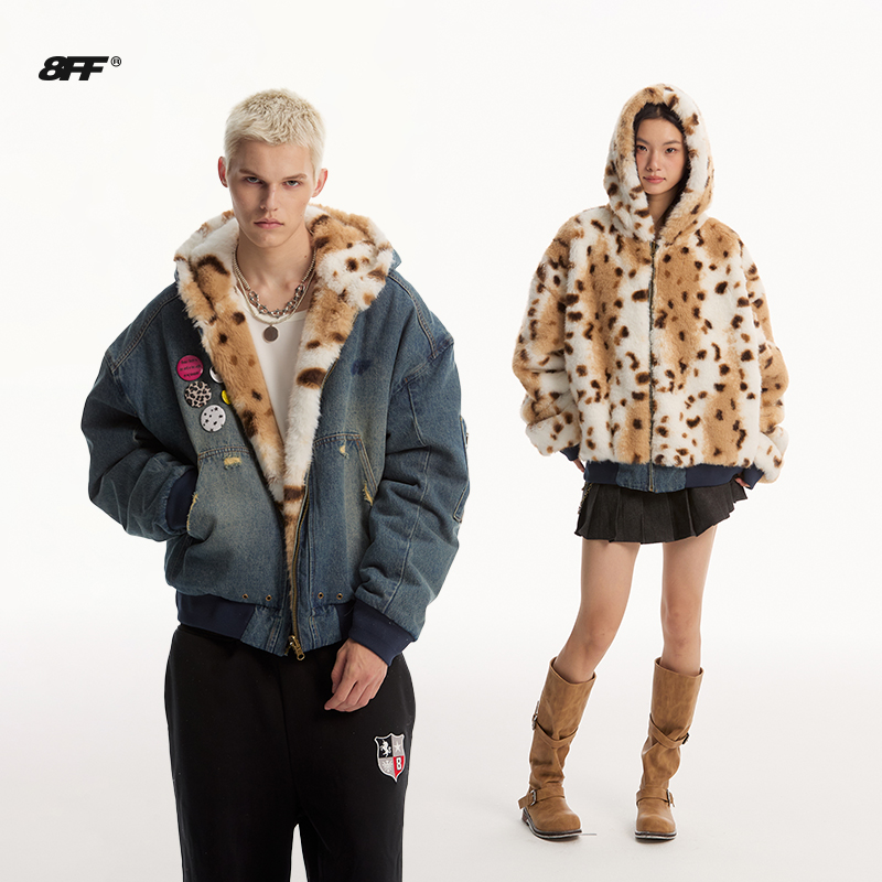 8FF大不相同/双面穿水洗牛仔900G豹纹仿水貂毛座山雕连帽加厚棉服