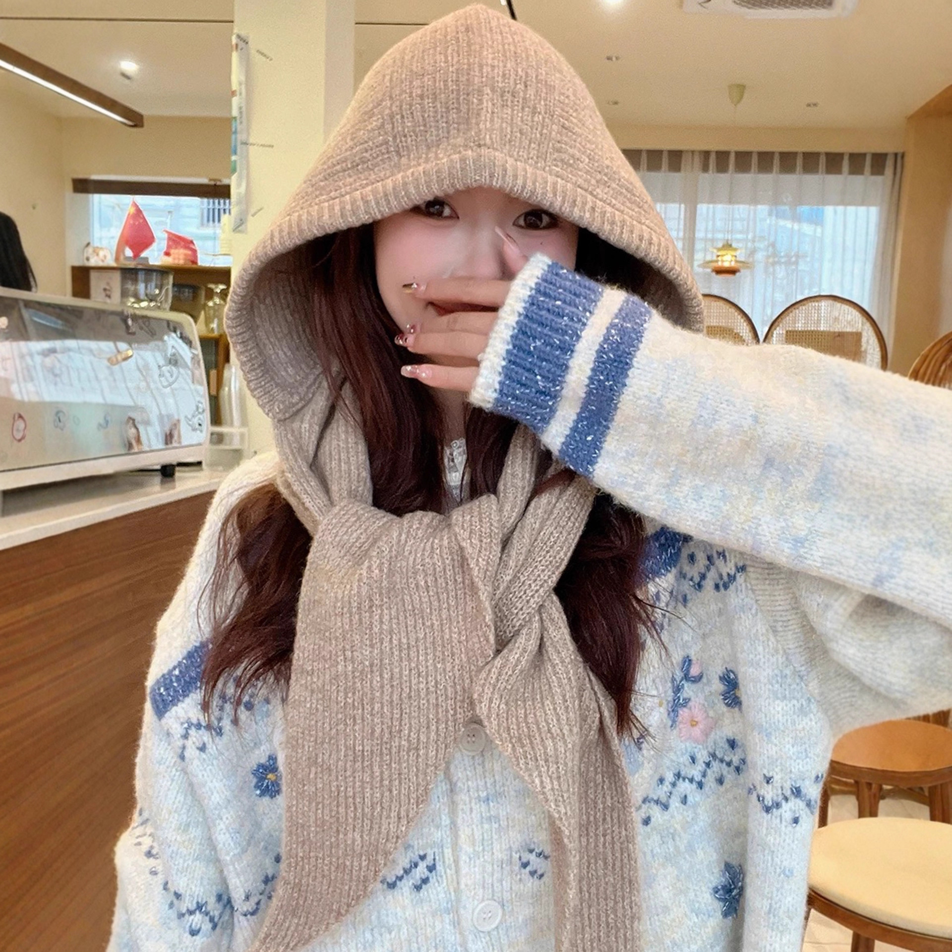 韩款帽子围巾一体加厚保暖针织帽女冬季巴拉克拉法帽护耳连帽围脖
