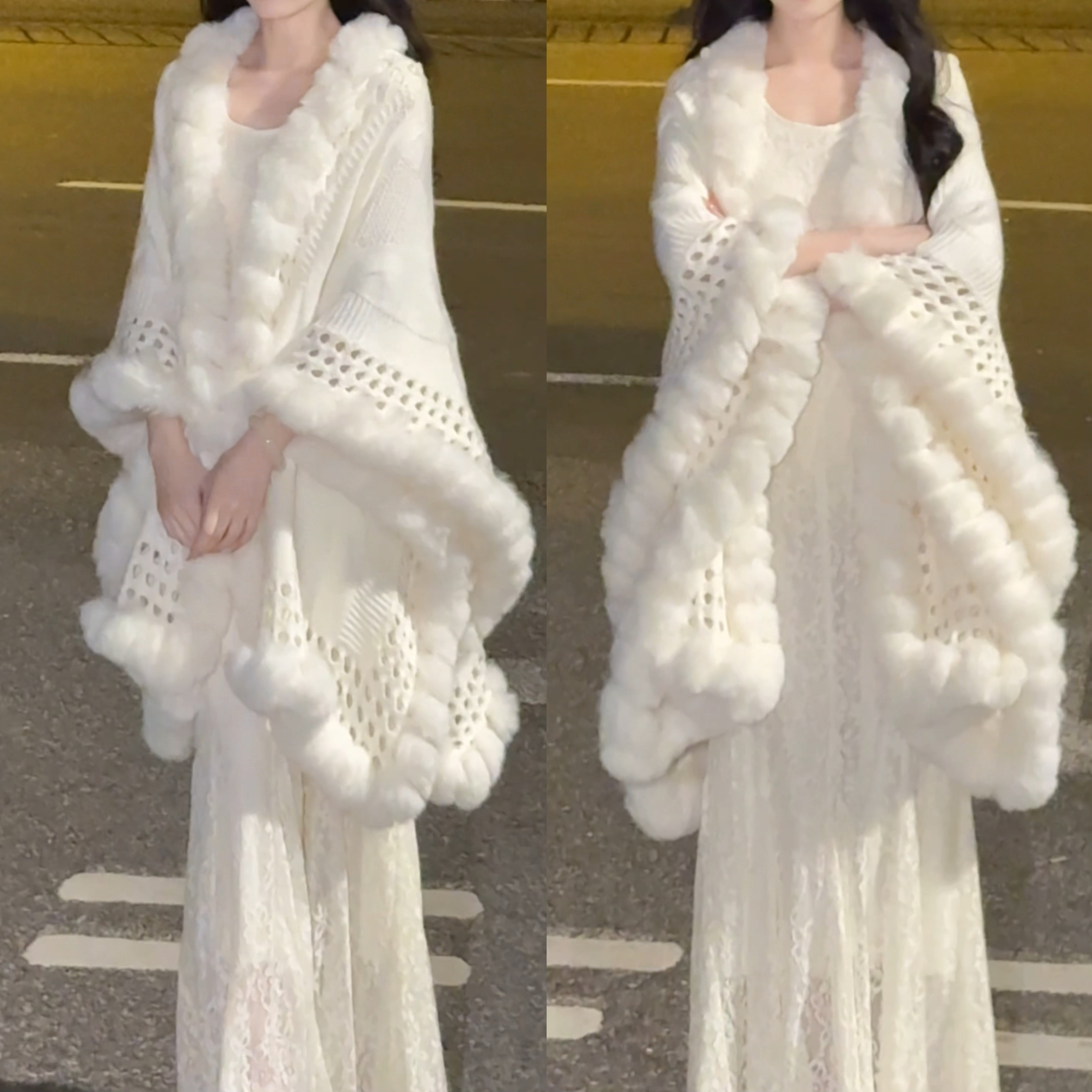 望江月新款秋冬慵懒麻花针织环保毛毛球旗袍外搭冬季白色披肩外套