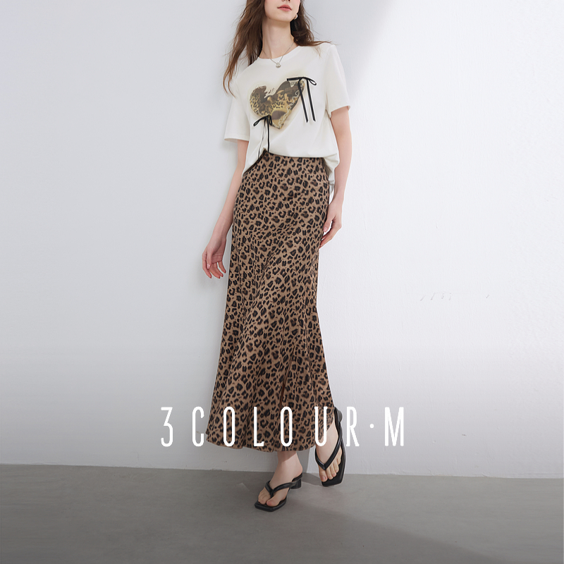 【大乔专属】三彩2025夏季新款豹纹鱼尾裙高腰松紧半身裙开叉dbx