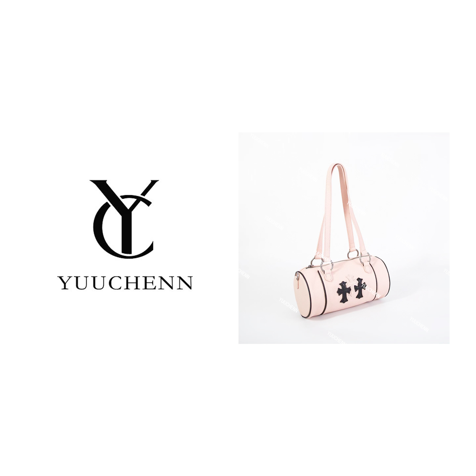 YUUCHENN/【笔筒包】25cm进口皮 粉配黑 手拎单肩包 HH6277