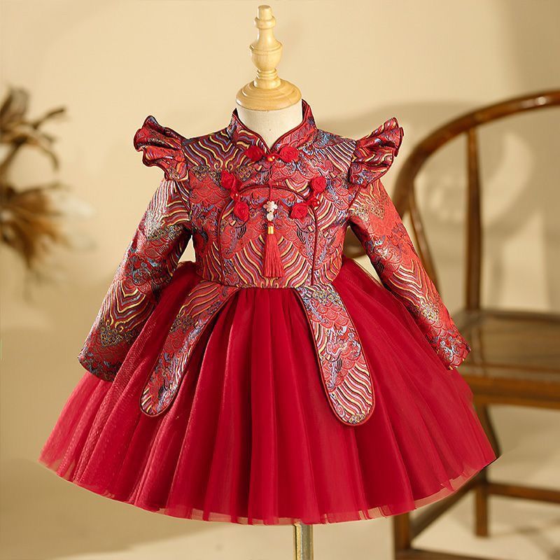 B类夏季实拍无模特条纹旗袍红色国风女童通勤风洋气周岁礼服长袖