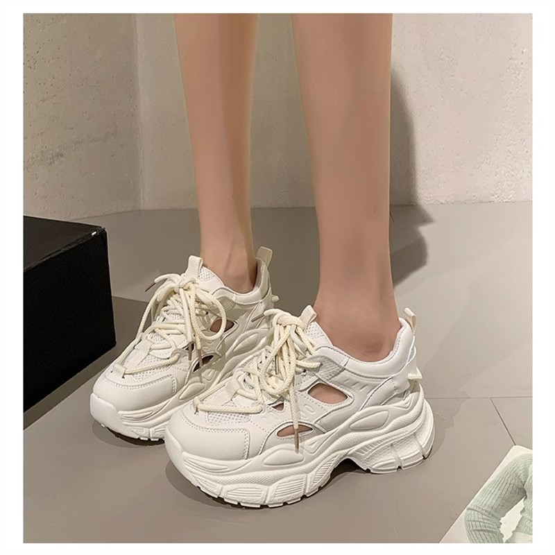 圆头交叉爆款老爹鞋女2025春季厚底增高松糕镂空夏季休闲运动凉鞋