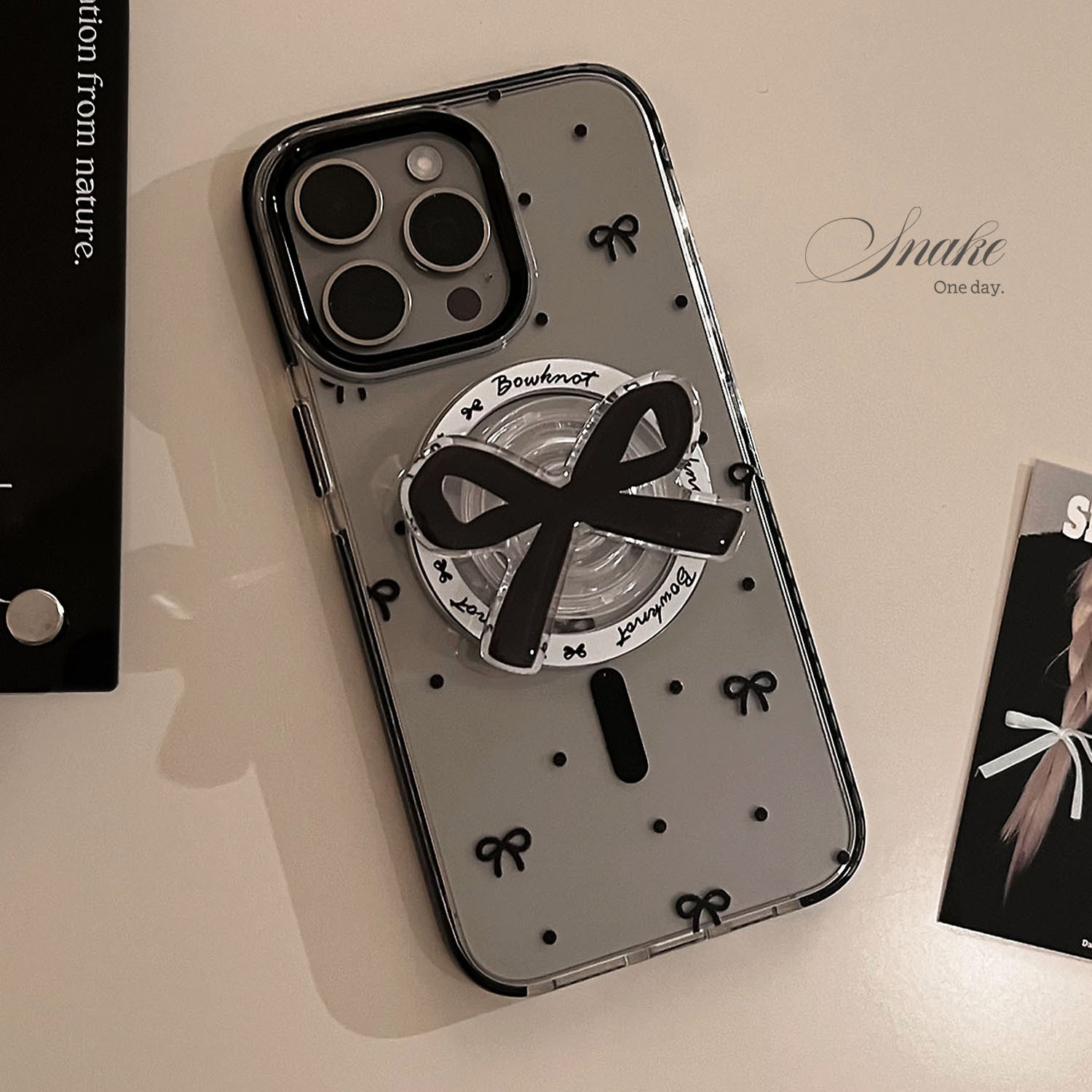 黑色蝴蝶结磁吸壳15Promax透明iPhone16手机壳14适用13高级12支架