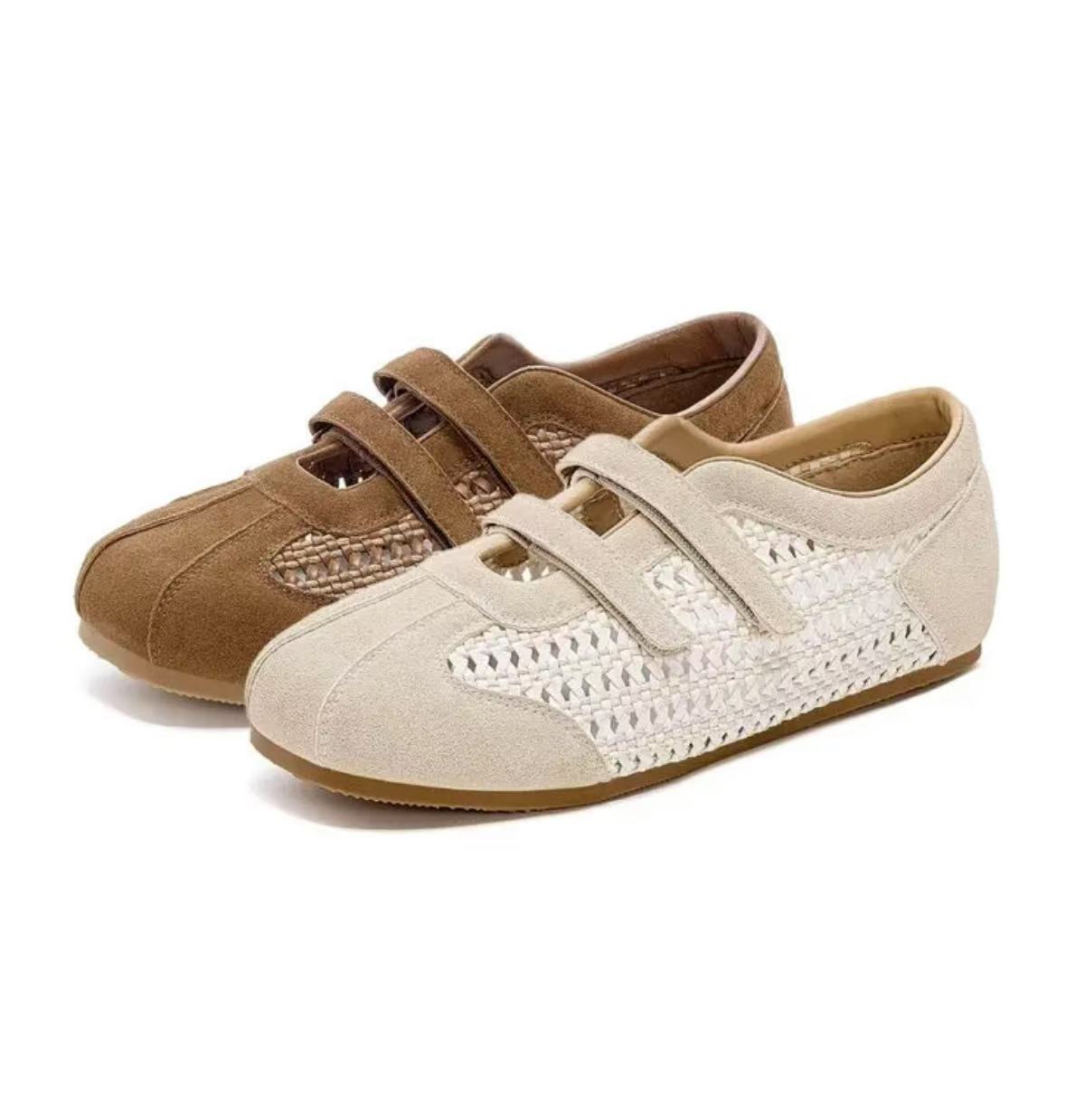 镂空魔术贴步鞋夏季皮鞋时尚休闲鞋透气软底德训鞋运动舒适编织