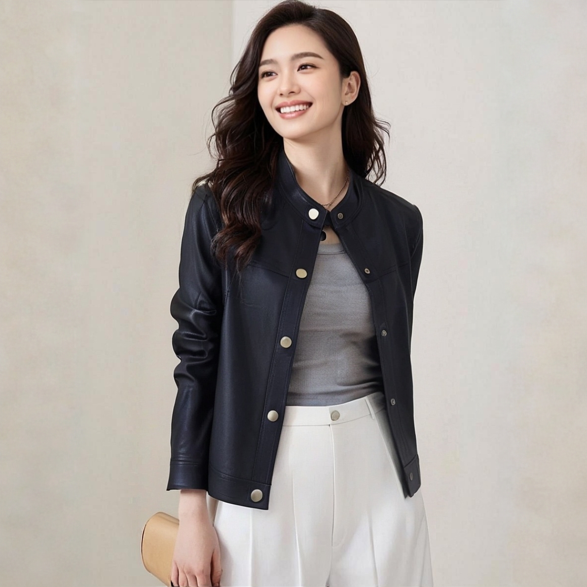 2025海宁女士皮衣休闲长袖气质短款百搭时尚皮衣外套8806