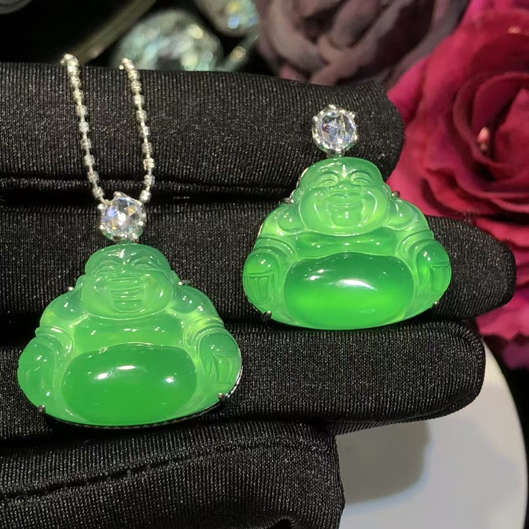 s925银饰镶嵌小众简约百搭中大绿玉髓佛公玉坠女款弥勒佛玉石吊坠