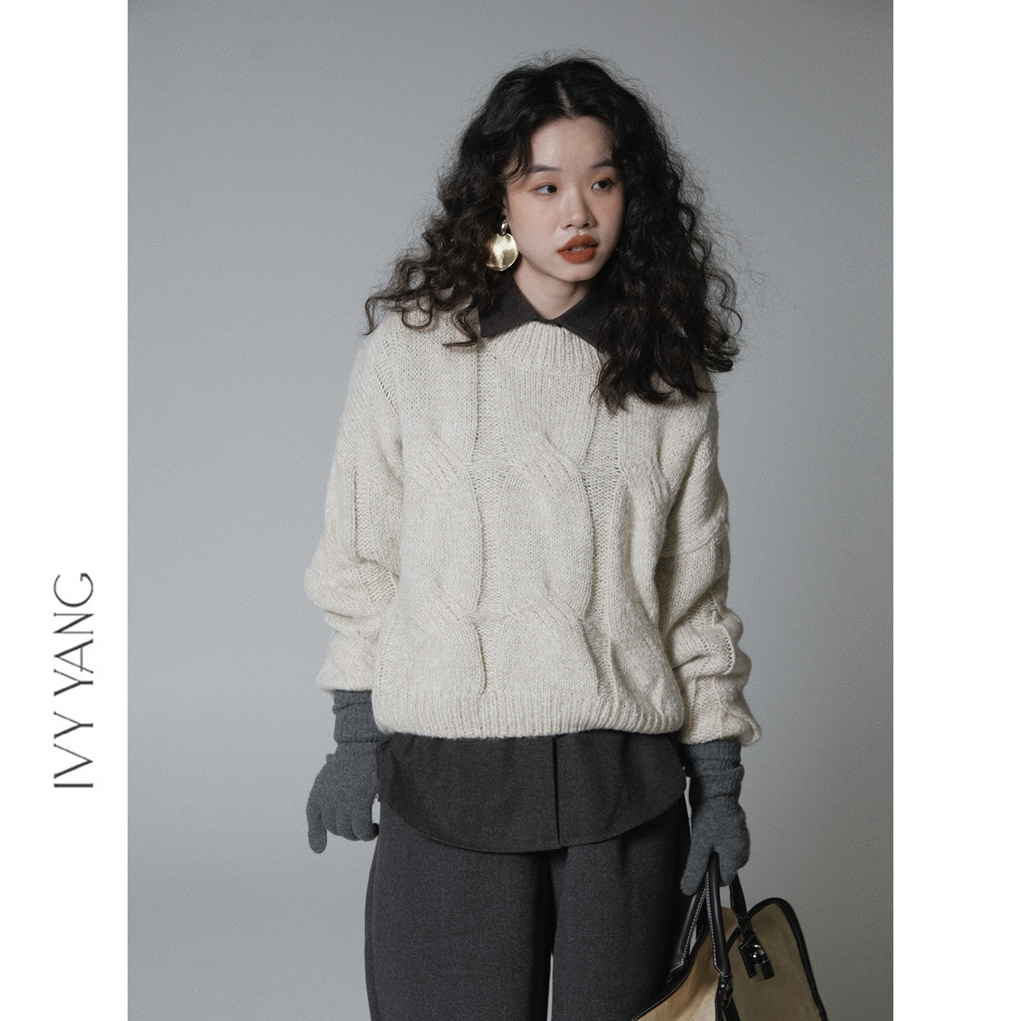 IVY YANG2复古花纱圆领麻花编织保暖毛衣粗线冬季叠穿厚针织衫