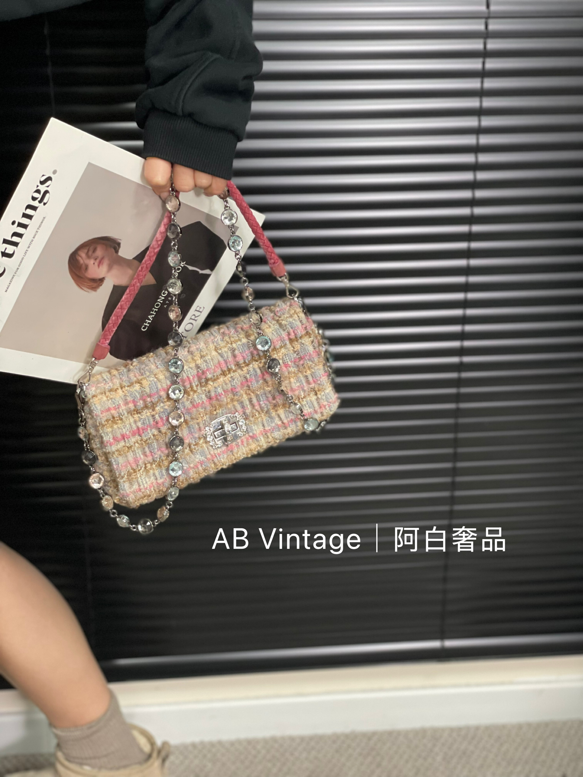 95新 MIU MIU/缪缪 阿白奢品/缪缪 粗花呢钻链包