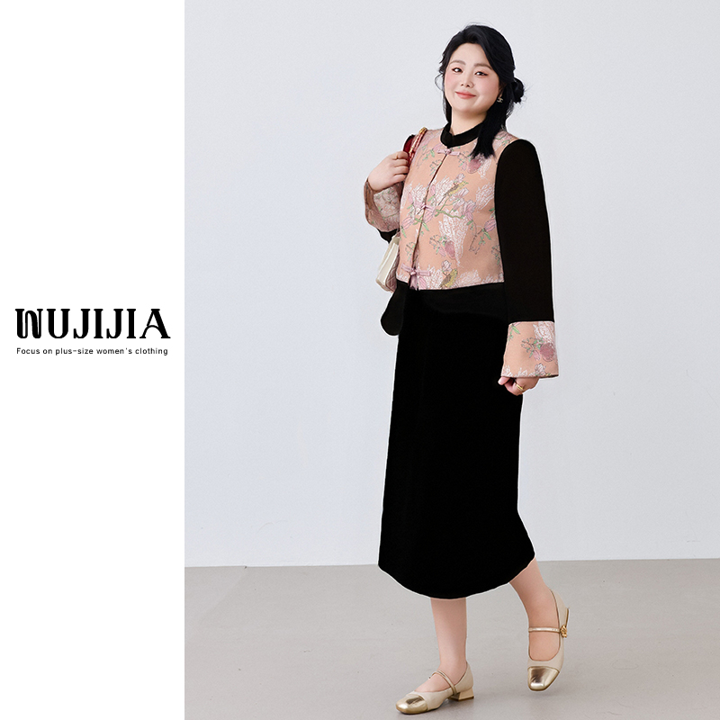 五季家/【锦绣未央】拼接上衣显瘦丝绒半身裙半裙两件套ZL100453