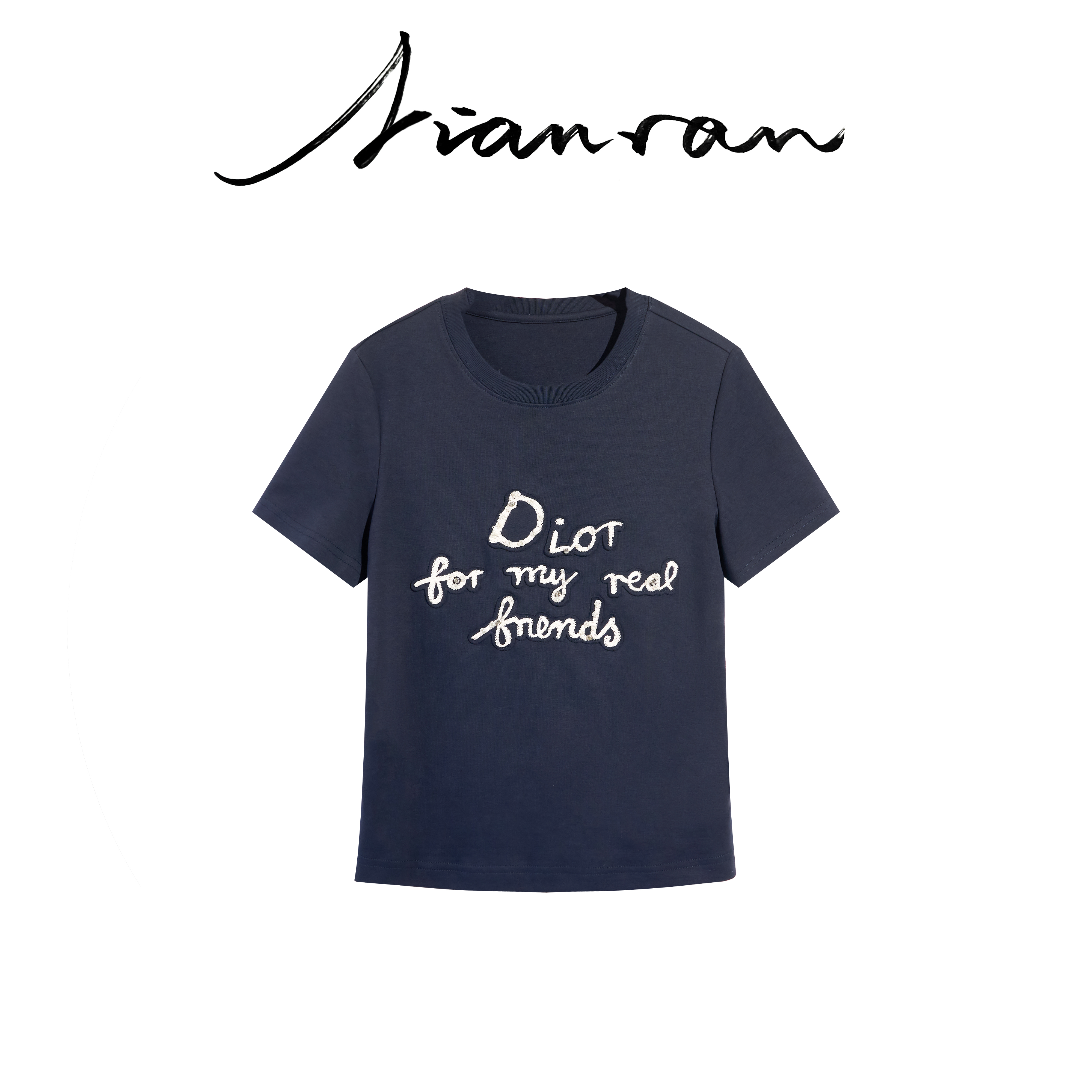 NianR-D＋ 藏青刺绣订钻T恤时尚休闲夏季圆领印花潮流夏季百搭TX80