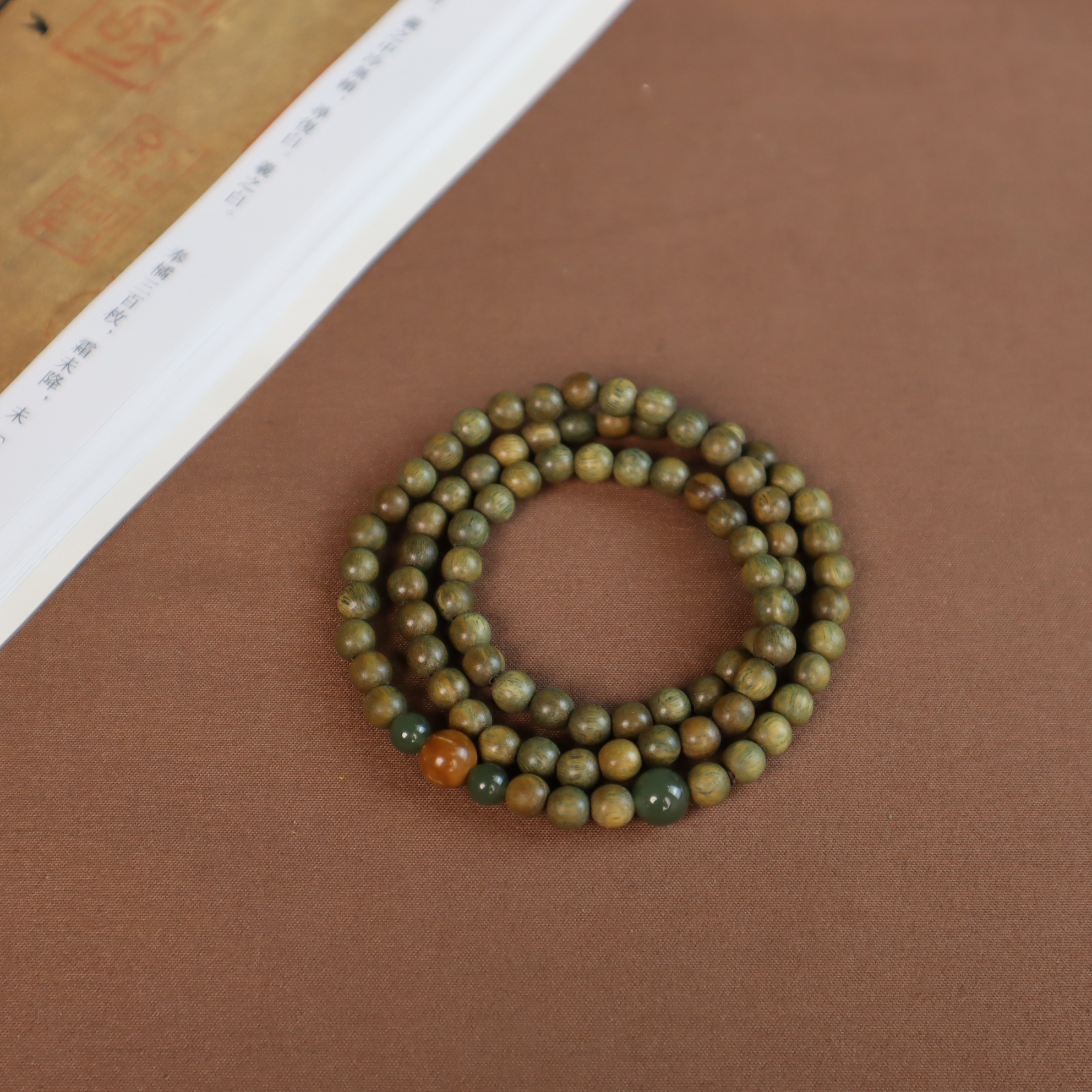 原创二凡木作/天然阿根廷绿檀木和田玉库克搭配款多三圈多圈手链