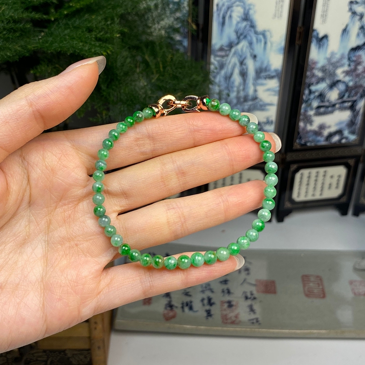 飘阳绿圆珠手串手链 天然翡翠A货 