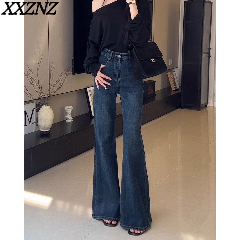 美式高腰微喇软牛仔裤女秋冬新款时尚显瘦宽松不贴腿复古蓝长裤子